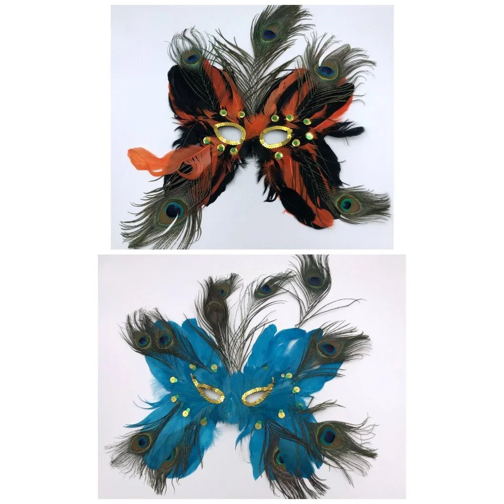 LOT 6 Masqquerade Mardi Gras Mask Adult Feathered Sequins Red Blue Green Orange